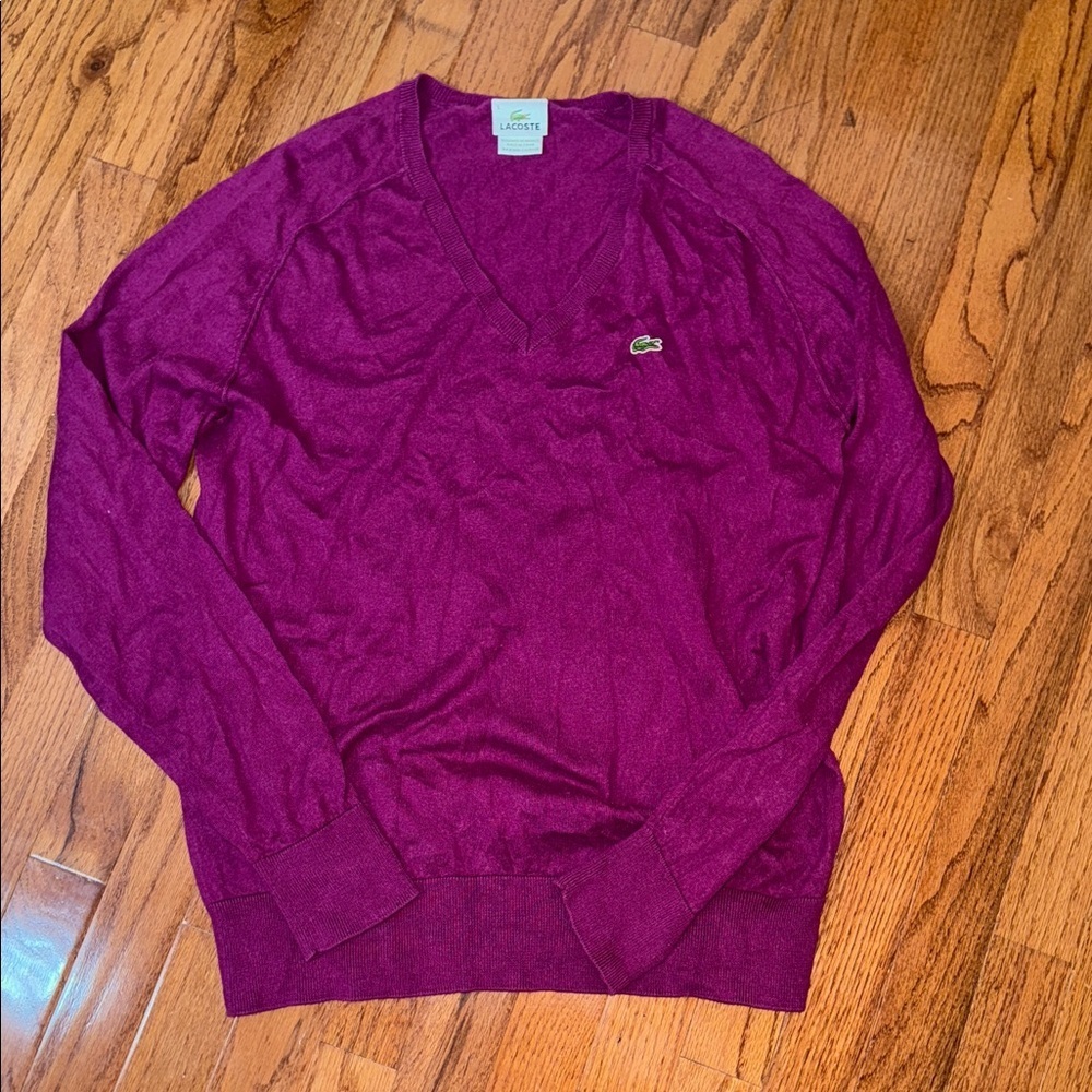 Lacoste Mens Sweater Magenta V Neck Long Sleeve Cotton Cashmere Logo Size 5/L